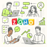 Ilustración de equipo multicultural trabajando con Zoho CRM en una startup moderna, destacando productividad y crecimiento empresarial.