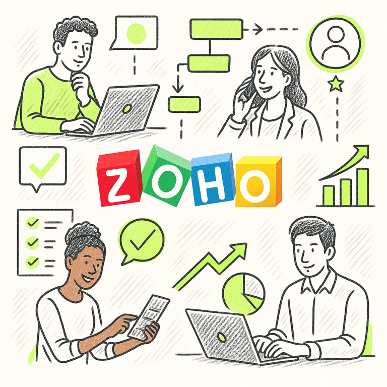 Ilustración de equipo multicultural trabajando con Zoho CRM en una startup moderna, destacando productividad y crecimiento empresarial.