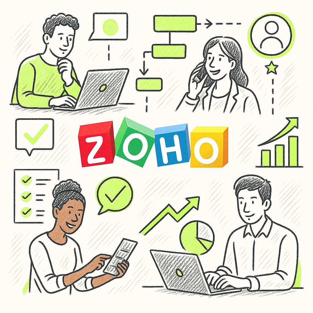 Ilustración de equipo multicultural trabajando con Zoho CRM en una startup moderna, destacando productividad y crecimiento empresarial.
